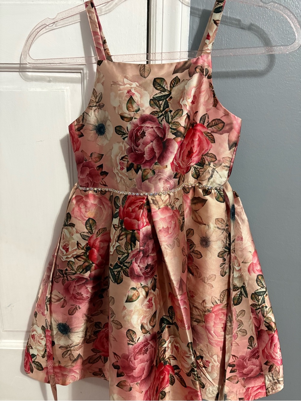 Girls Pink Floral Satin Party Dress with Rhinestone Waist